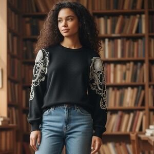 Gladys Bagley Vintage Black Silk‎ Angora Pearl Embellished Sweater Womens Small
